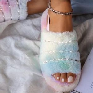 Tie Dye Fluff Yeah Fur Slingbacks with Rhinestones